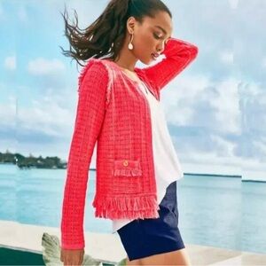 Lilly Pulitzer Simora Fringe Cardigan/ Jacket Spicy Coral Exotic Tweed Size L